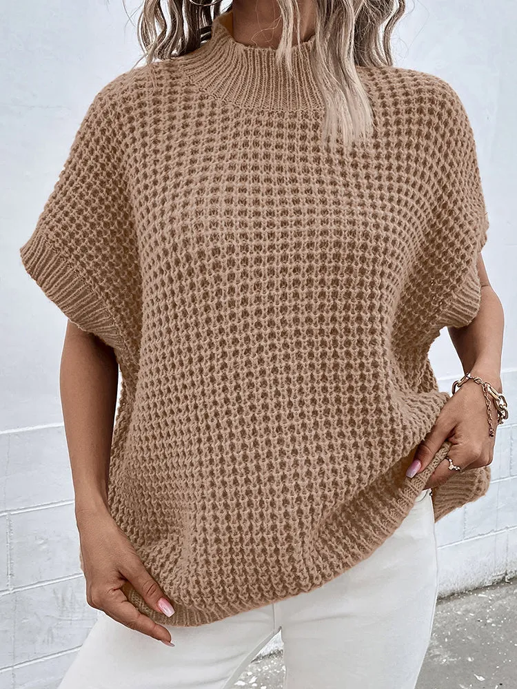 Women's Mock Neck Batwing Short Sleeve Pullover Sweater Loose Oversized Knit Jumper Tops