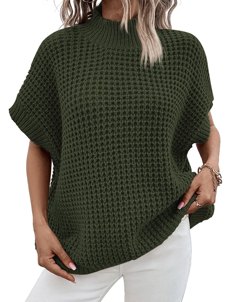 Women's Mock Neck Batwing Short Sleeve Pullover Sweater Loose Oversized Knit Jumper Tops