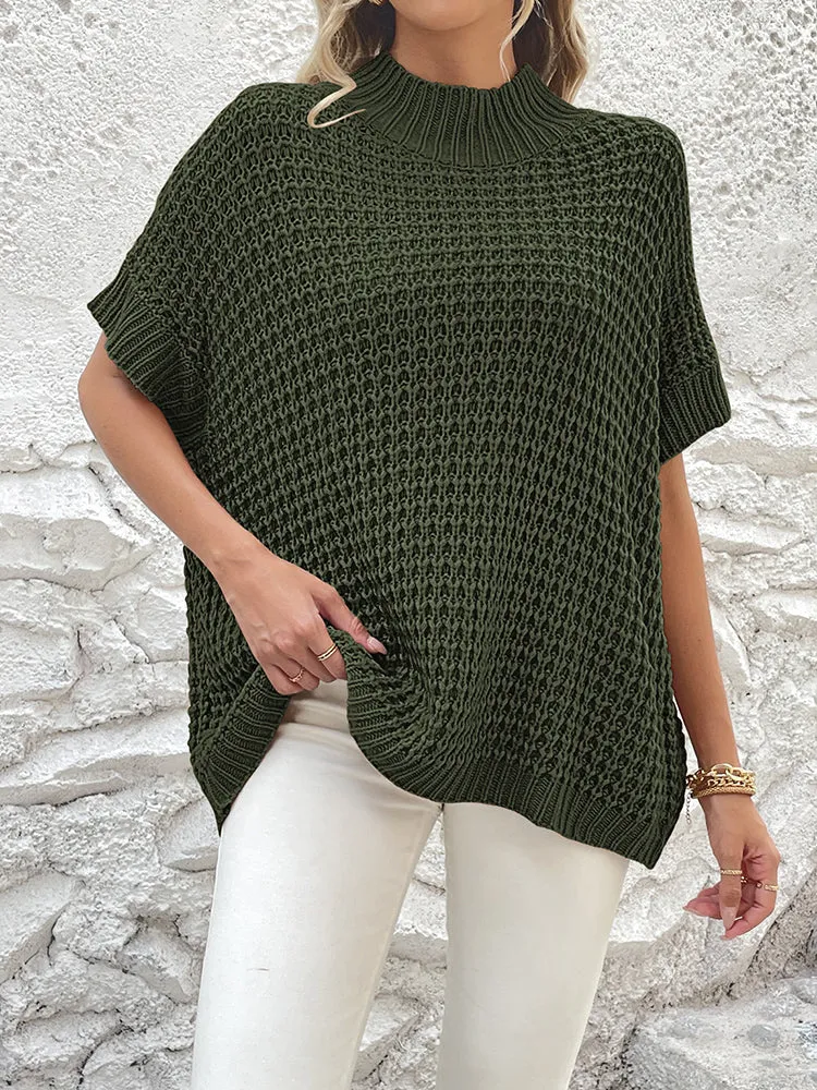 Women's Mock Neck Batwing Short Sleeve Pullover Sweater Loose Oversized Knit Jumper Tops