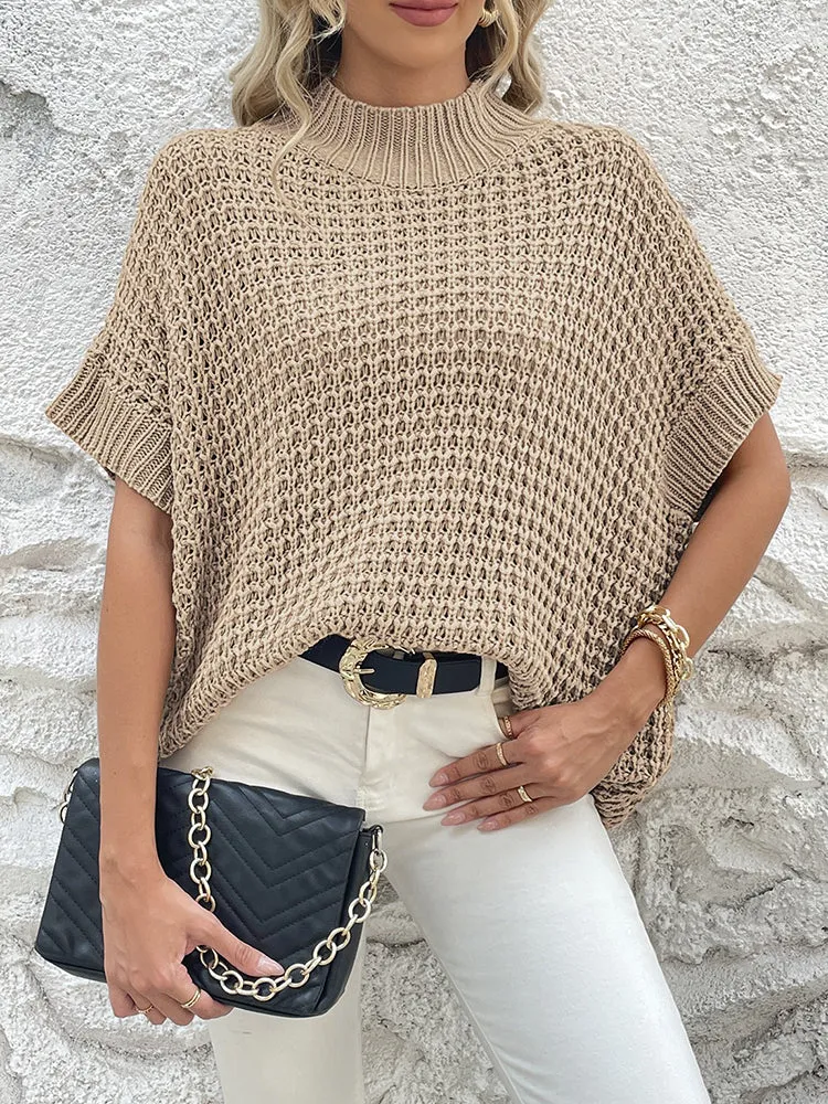 Women's Mock Neck Batwing Short Sleeve Pullover Sweater Loose Oversized Knit Jumper Tops