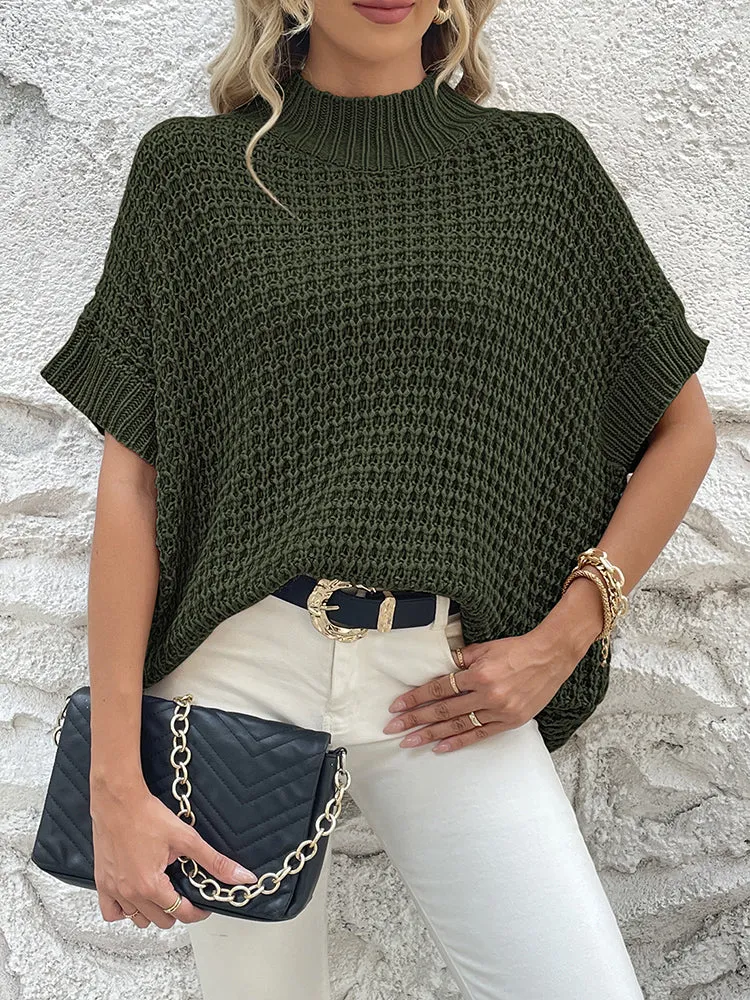 Women's Mock Neck Batwing Short Sleeve Pullover Sweater Loose Oversized Knit Jumper Tops