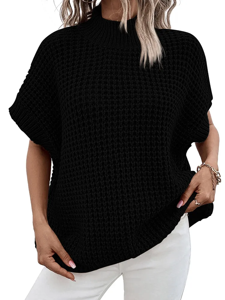 Women's Mock Neck Batwing Short Sleeve Pullover Sweater Loose Oversized Knit Jumper Tops