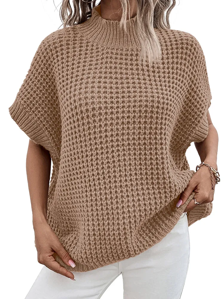 Women's Mock Neck Batwing Short Sleeve Pullover Sweater Loose Oversized Knit Jumper Tops