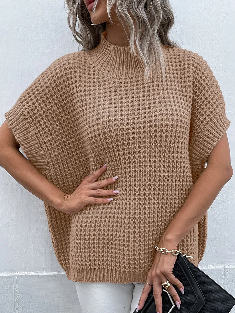 Women's Mock Neck Batwing Short Sleeve Pullover Sweater Loose Oversized Knit Jumper Tops