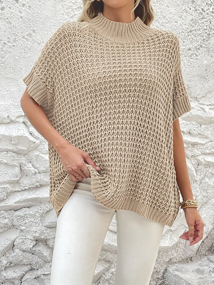 Women's Mock Neck Batwing Short Sleeve Pullover Sweater Loose Oversized Knit Jumper Tops