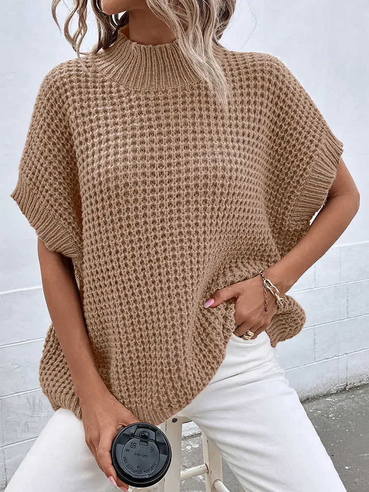 Women's Mock Neck Batwing Short Sleeve Pullover Sweater Loose Oversized Knit Jumper Tops