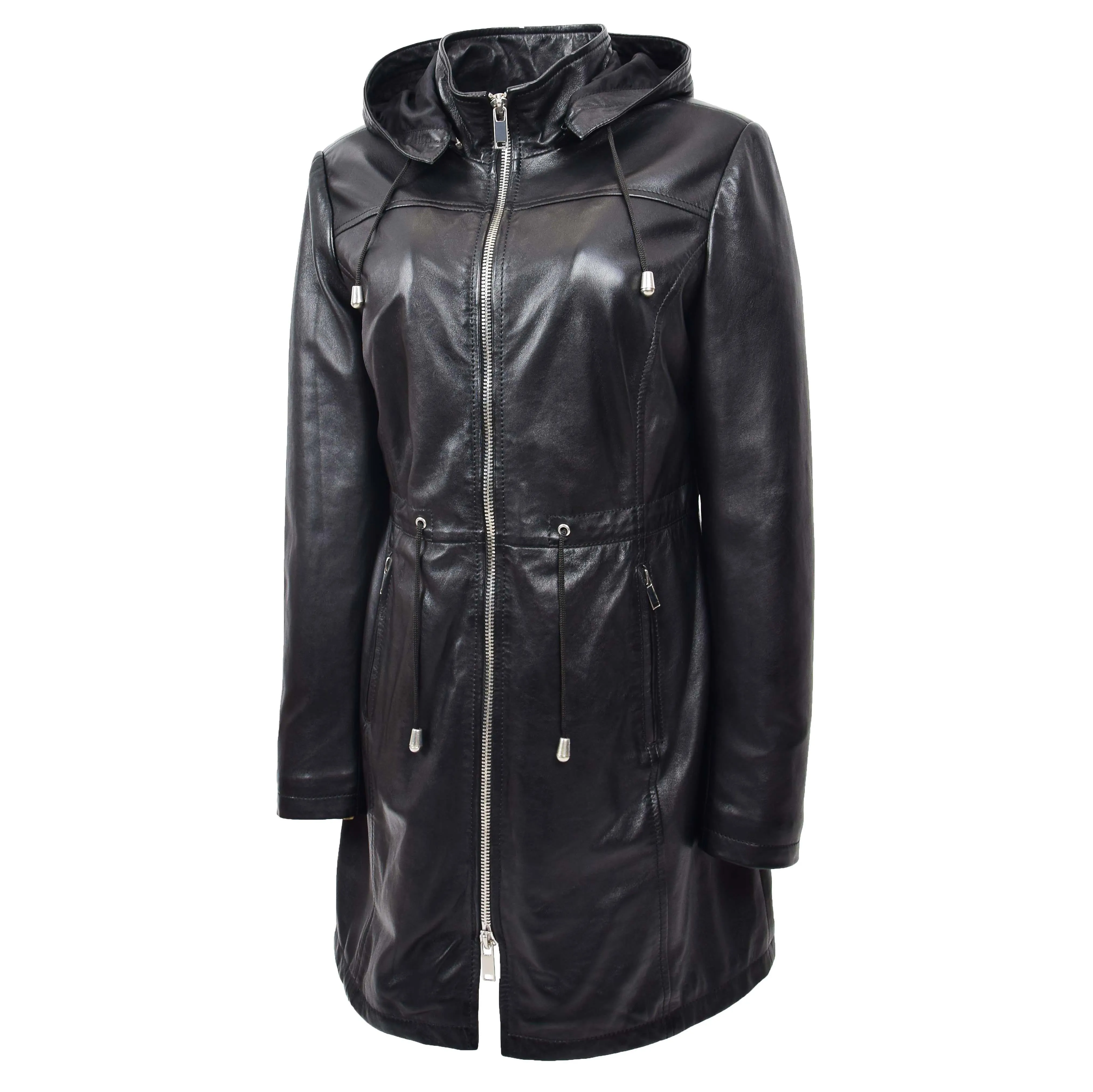 Womens Real Leather Jacket Black Trench 3/4 Long Duffle Detachable Hood Coat Luna