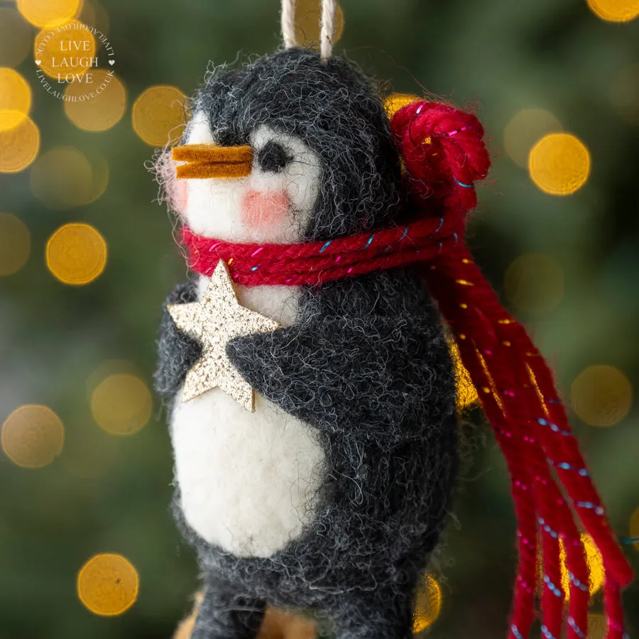 Wool Felt Penguin Christmas Ornament with Star