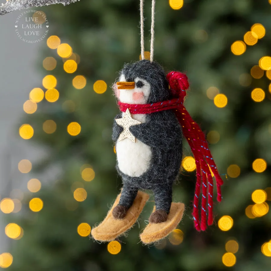 Wool Felt Penguin Christmas Ornament with Star