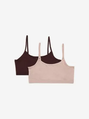 Y&F Kids Brown Solid Cotton Blend Crop Tops - Pack of 2